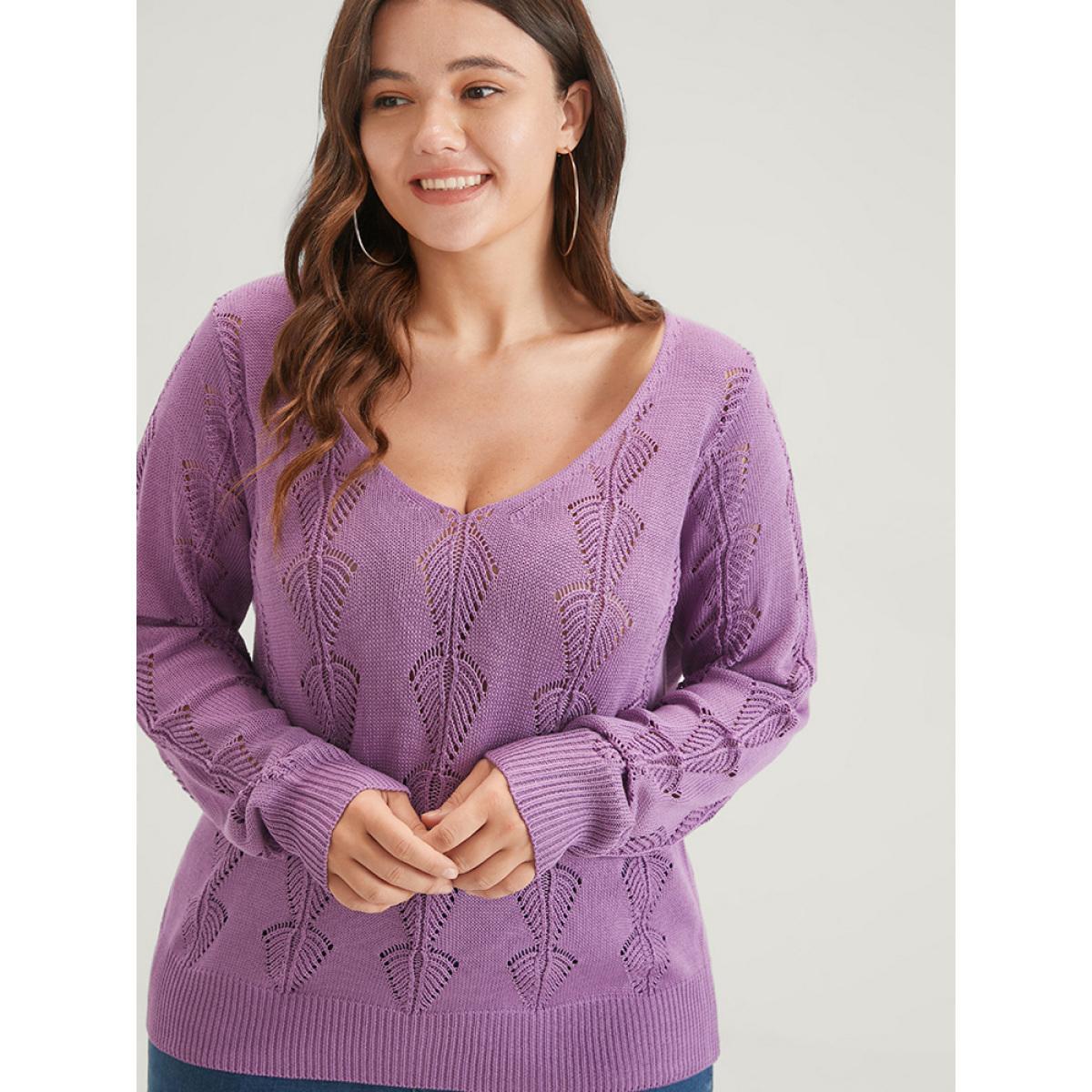 Plus Size Solid Pointelle Knit Deep V Neck Crochet Sweater RedViolet Women Elegant Long Sleeve Deep V-neck Dailywear Pullovers BloomChic 26/4X Product Image