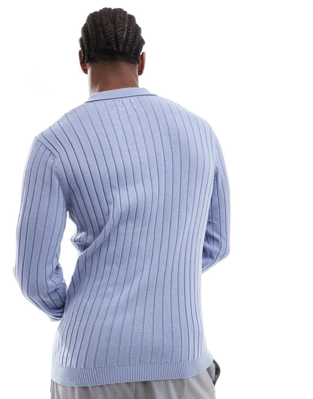 ASOS DESIGN essential muscle fit knit rib polo neck sweater in blue Product Image