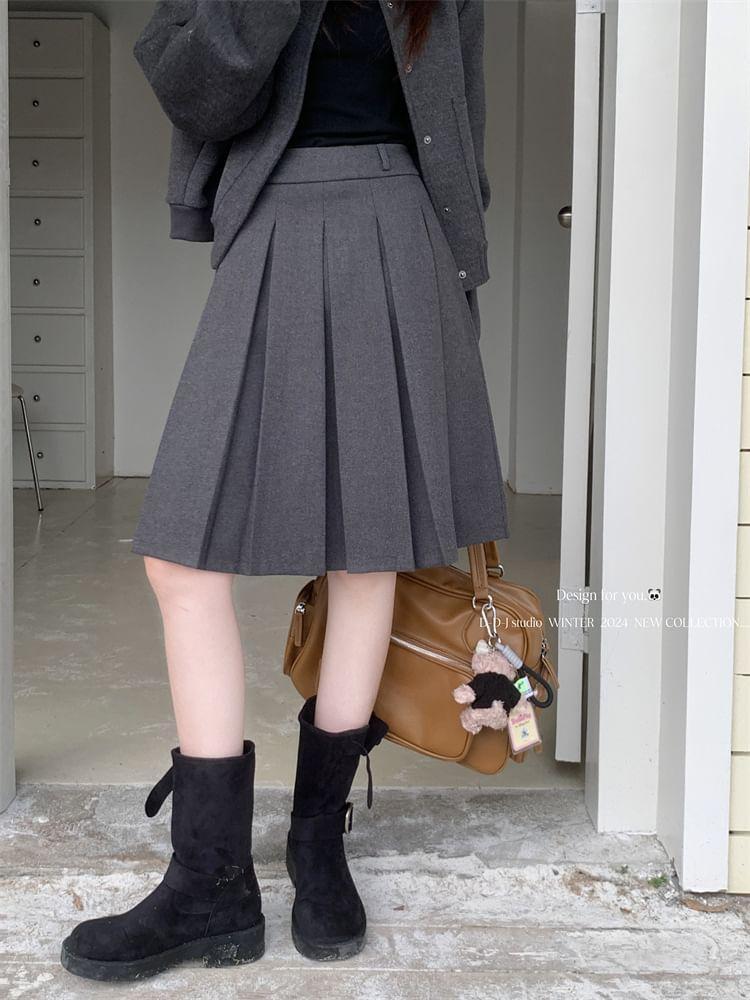 High Waist Plain Midi Pleated Skirt Product Image