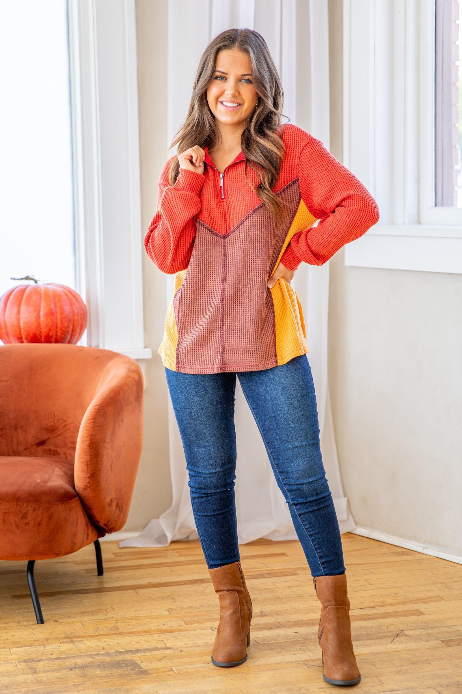 Rust and Brown Waffle Colorblock Pullover Product Image