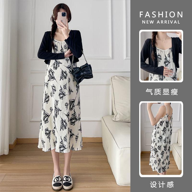 Maternity Spaghetti Strap Floral Midi A-Line Dress / Crop Cardigan / Set Product Image