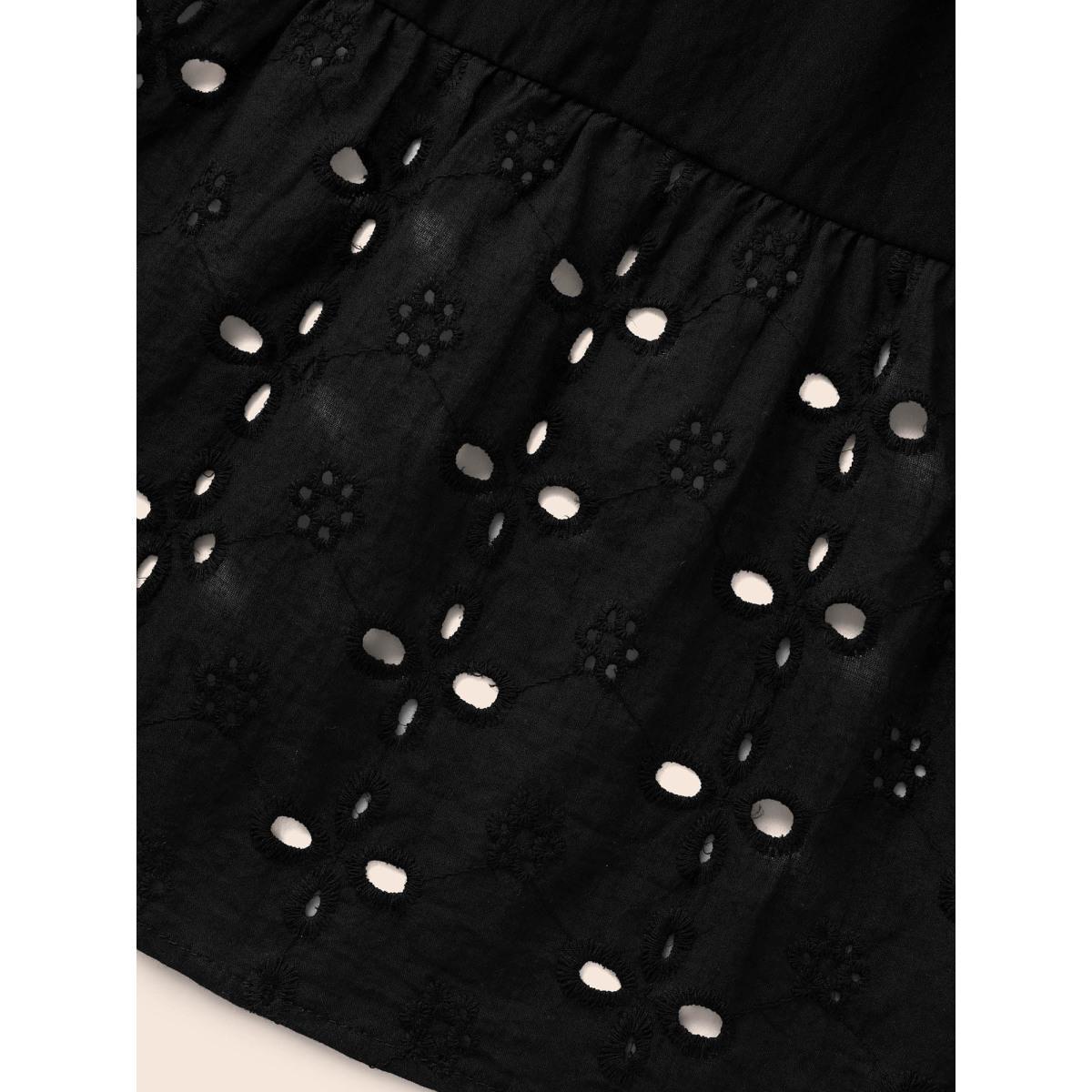 Plus Size Embroidered Flare Cuffs Midi Dress Black Women Resort Woven ribbon&lace trim Notched collar Long Sleeve Curvy BloomChic 26/4X Product Image