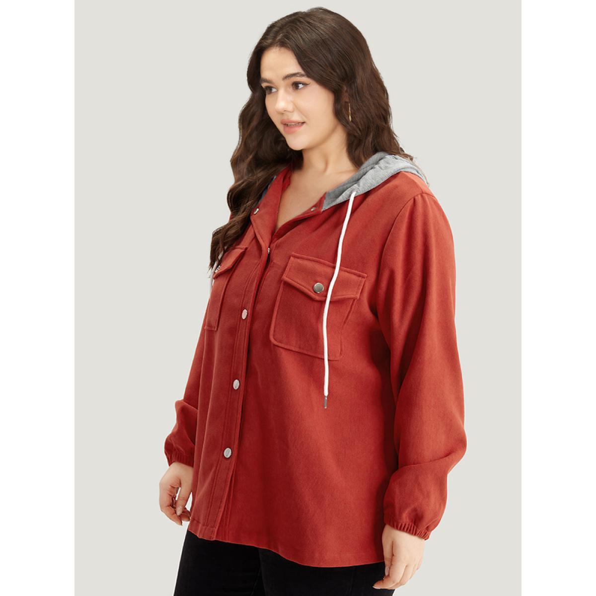 Plus Size Contrast Patchwork Button Through Hooded Drawstring Corduroy Coat Women OrangeRed Contrast Pocket Dailywear Jackets BloomChic 18-20/2X Product Image