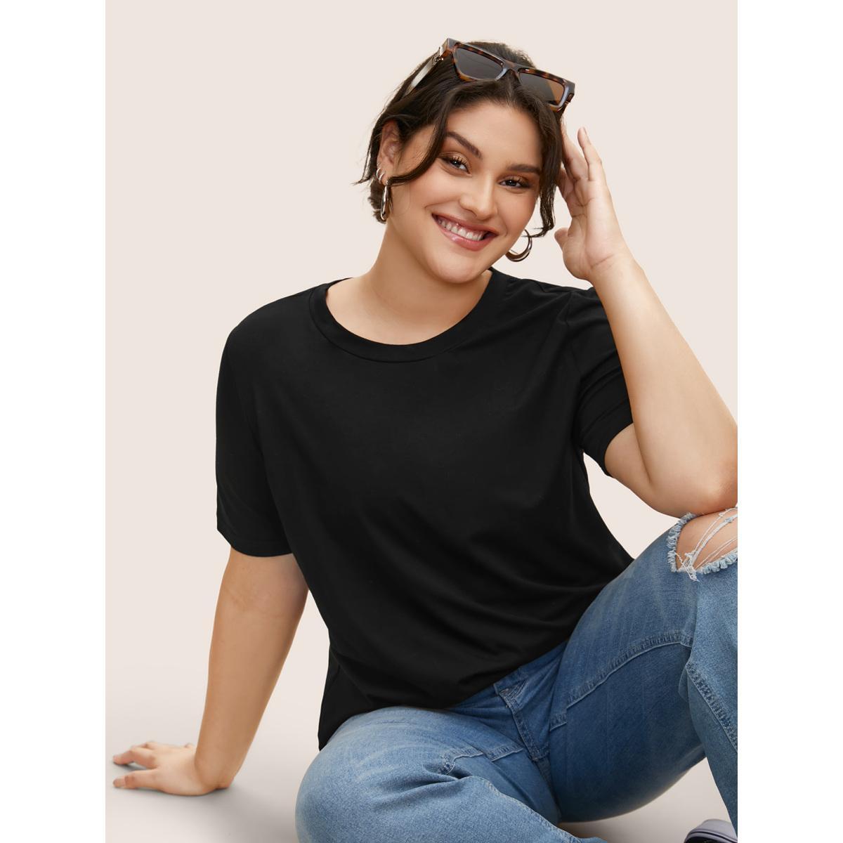 Plus Size Cotton Solid Basic Crew Neck Stretched T-shirt Black Women Basics Non Round Neck Everyday T-shirts BloomChic 14-16/1X Product Image