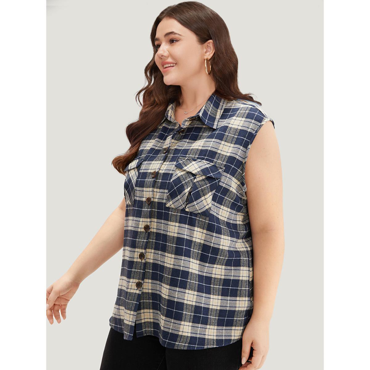 Plus Size Plaid Flap Pocket Button Up Sleeveless Jacket Women Aegean Casual Button Ladies Dailywear Winter Coats BloomChic 28/5X Product Image