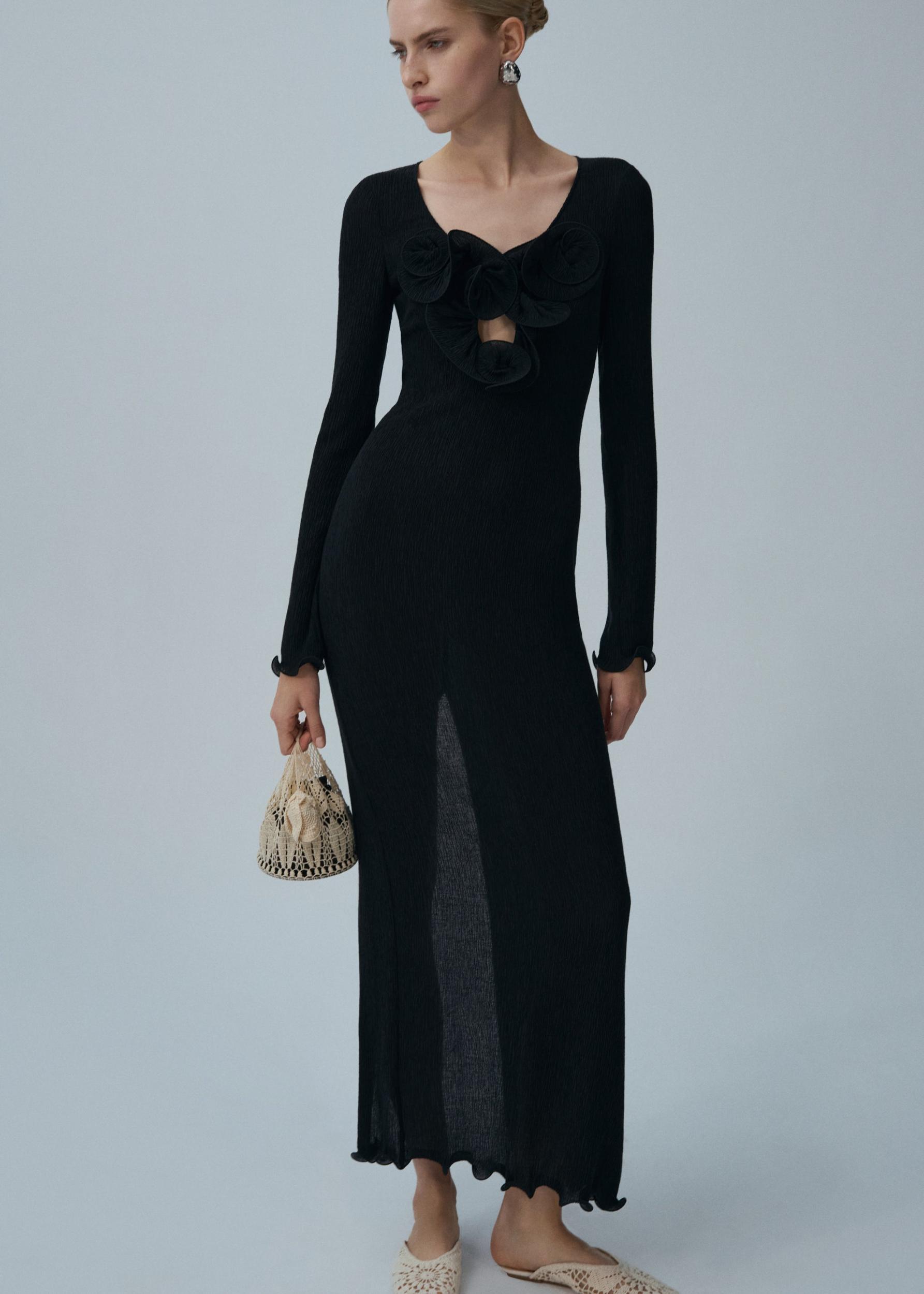 Long sleeve crepe beach maxi dress in black Product Image