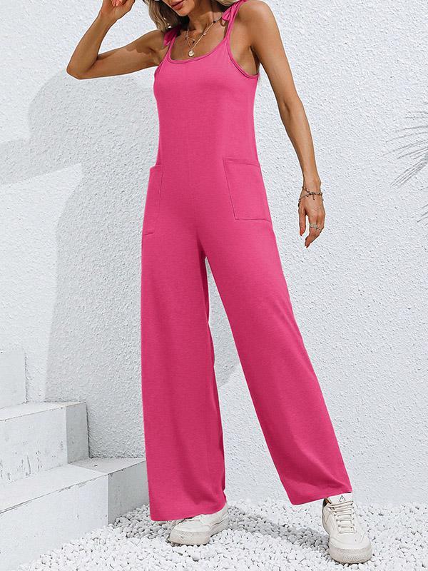 High Waisted Sleeveless Pockets Solid Color Tied Spaghetti-Neck Jumpsuits Product Image