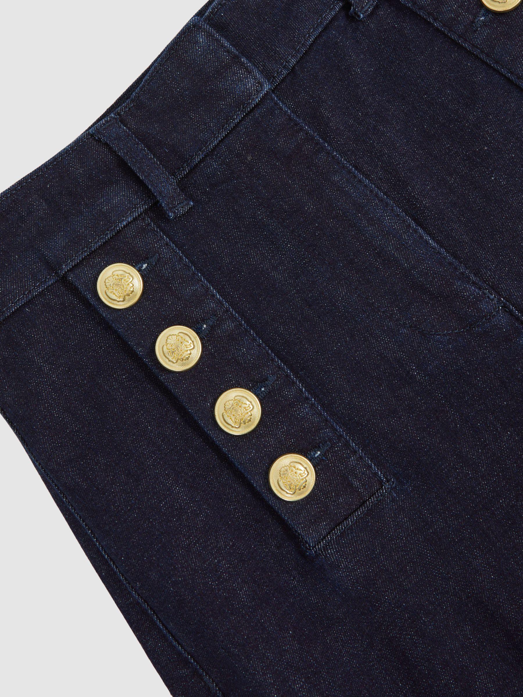 Button-Detail High-Rise Flared Jeans in Dark Blue Product Image