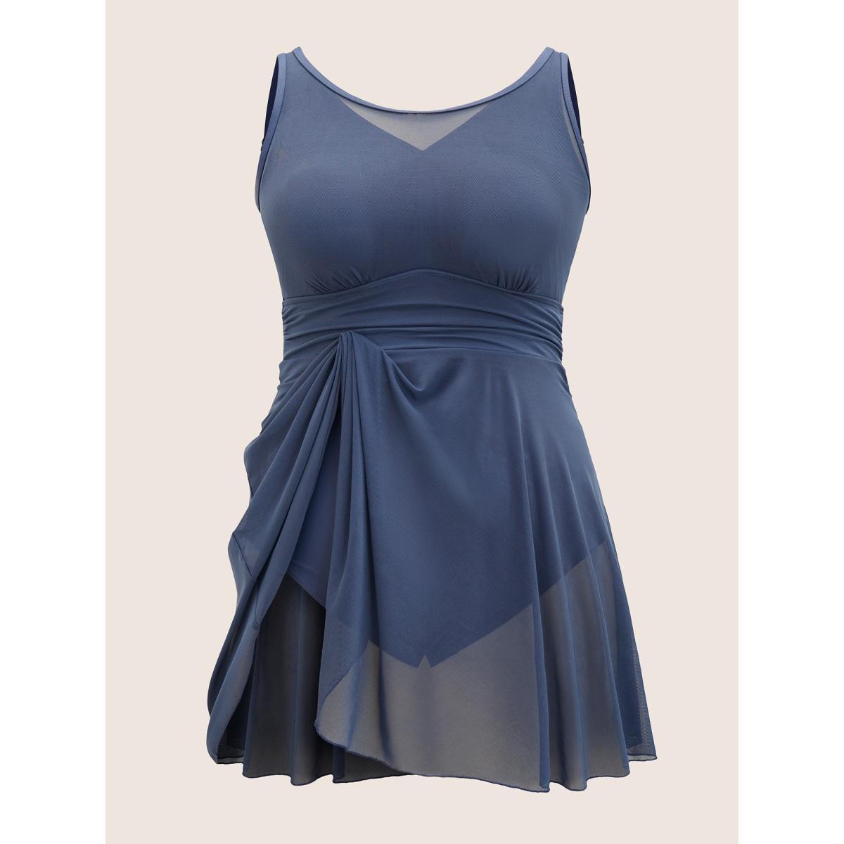 Plus Size See Through Patchwork Gathered Swim Dress Women's Swimwear Indigo Beach Bodycon Round Neck High stretch Curve Swim Dresses BloomChic 10/M Product Image