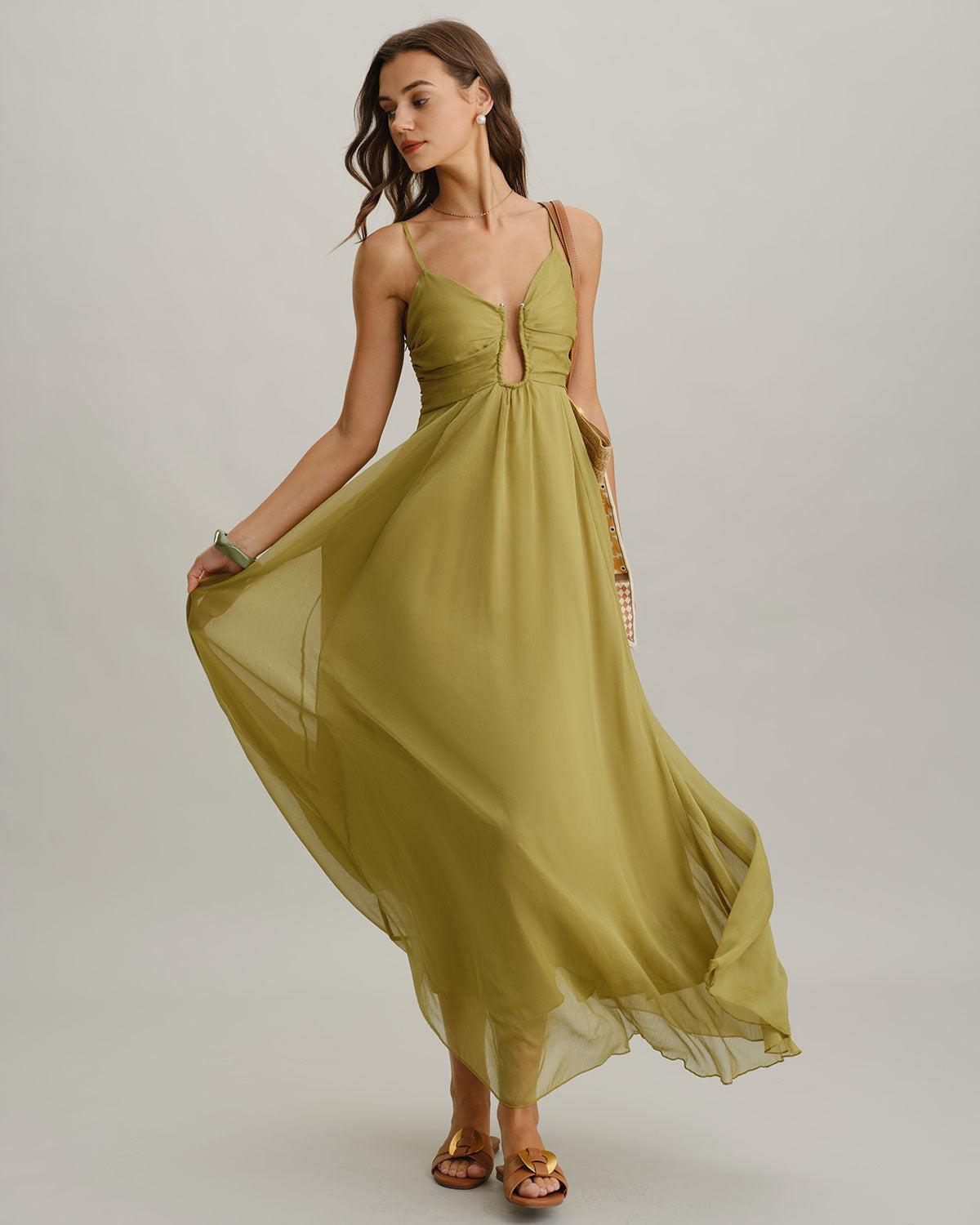 Green Flowy Slip Maxi Dress Product Image