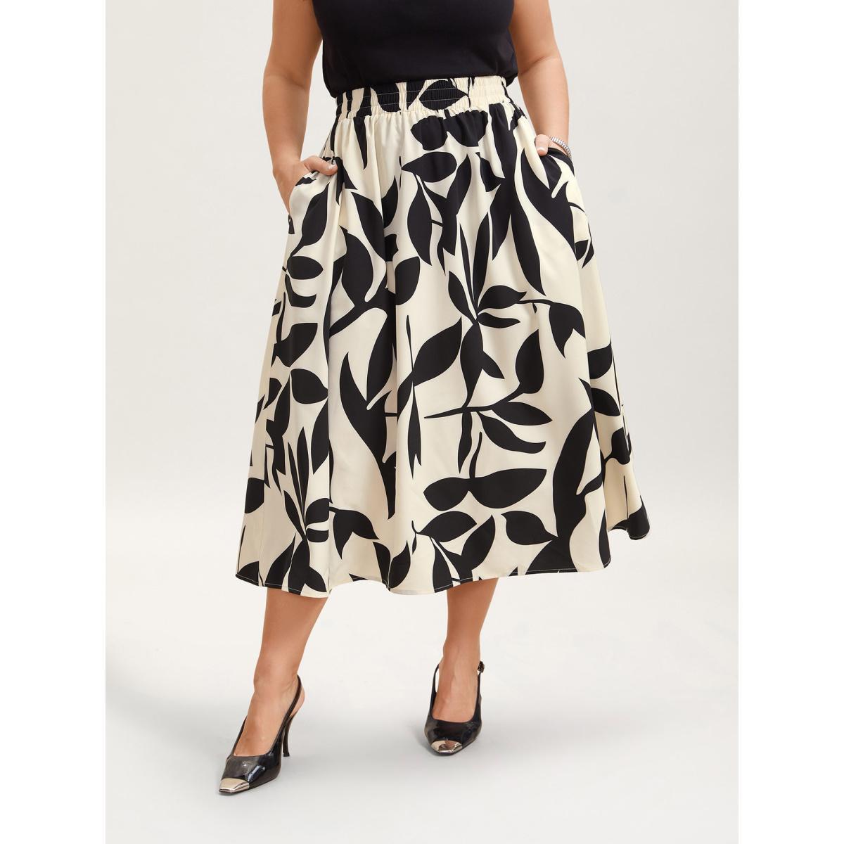 Plus Size Leaf Print Stretchy-Waist Midi Skirt Women Apricot Elegant Contrast Loose No stretch Slanted pocket Everyday Skirts BloomChic 12/L Product Image