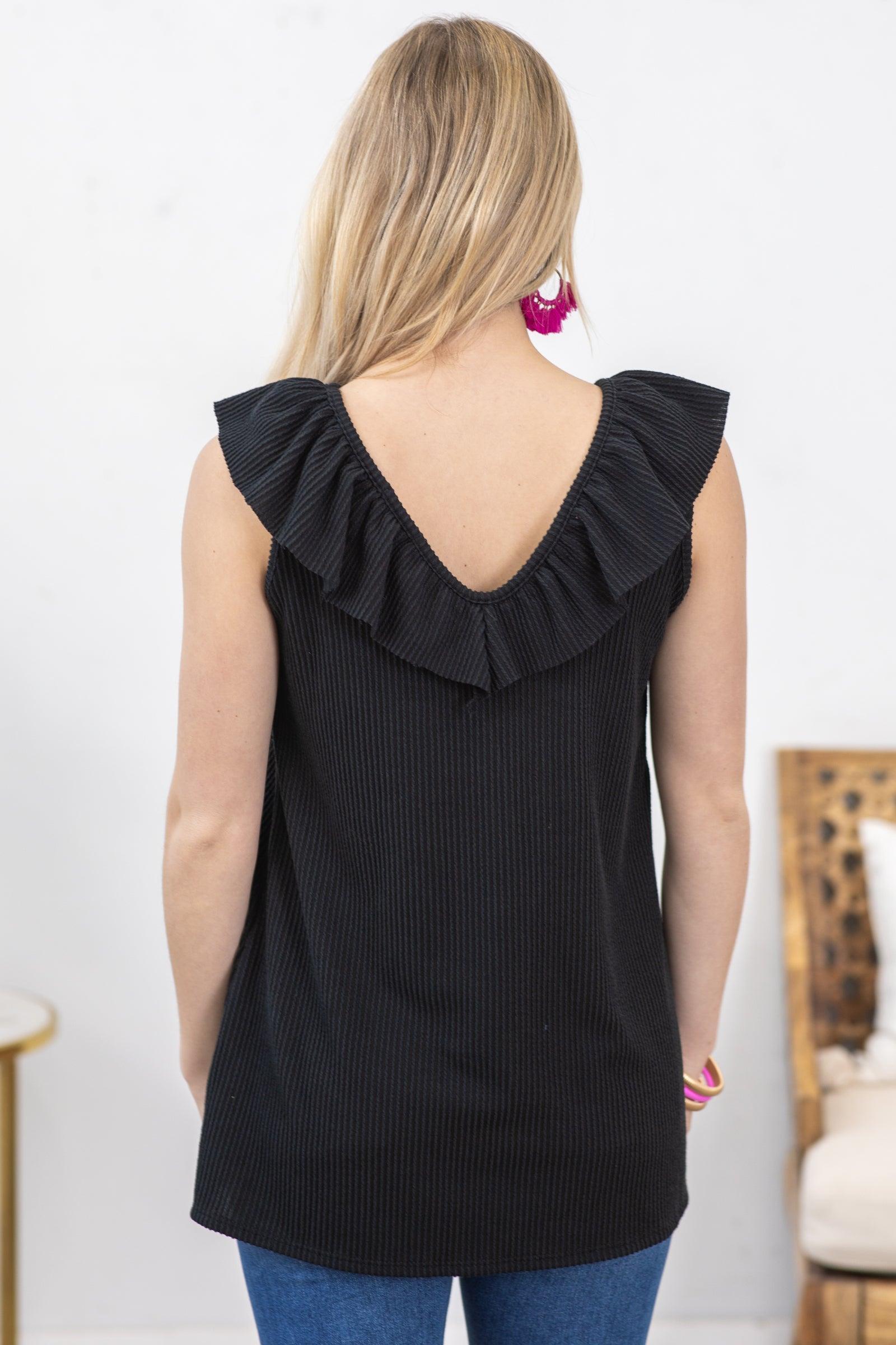 Black Ruffled V-Neck Ribbed Knit Tank Product Image