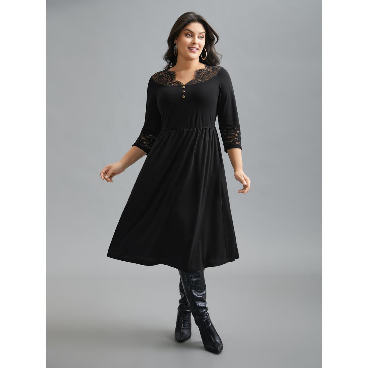 Plus Size Lace Trim Stitch Button Detail Dress Black Women Elegant Woven ribbon&lace trim Knit Dresses Bloomchic 26/4X Product Image