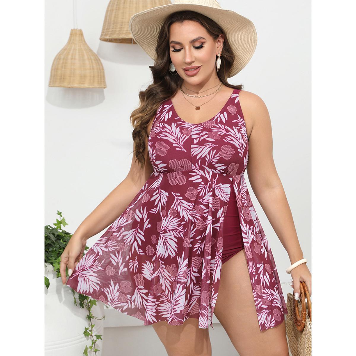Plus Size Floral Print Adjustable Straps Flutter Split Hem Swim Dress Women's Swimwear RedViolet Vacation Bodycon Round Neck High stretch Curve Swim Dresses BloomChic 14-16/1X Product Image