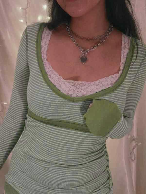 Stripe Patchwork U Neck Slim Long Sleeve Knit Product Image
