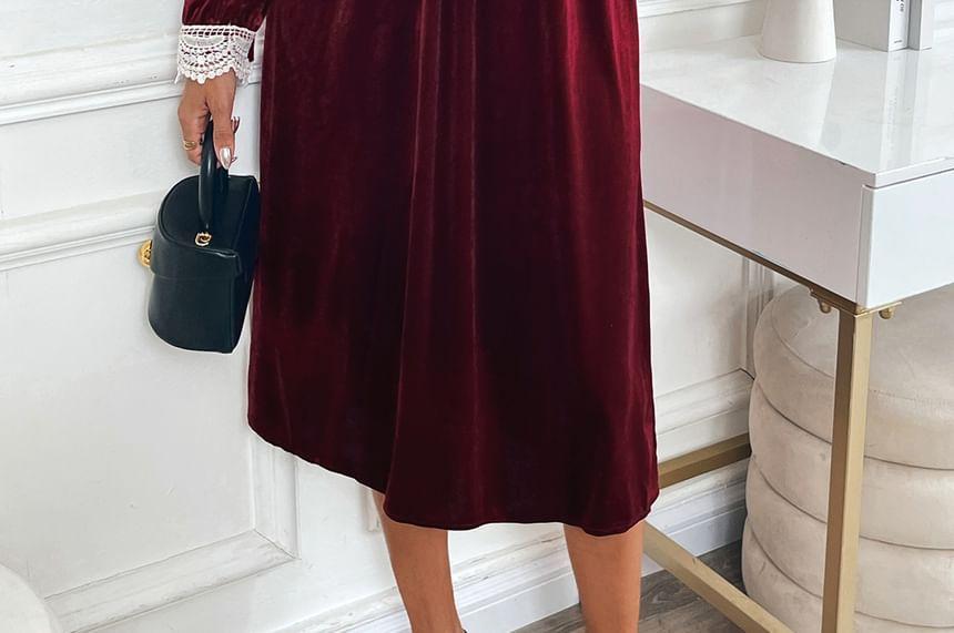 Velvet Long Sleeve V-Neck Lace Trim A-Line Midi Dress Product Image