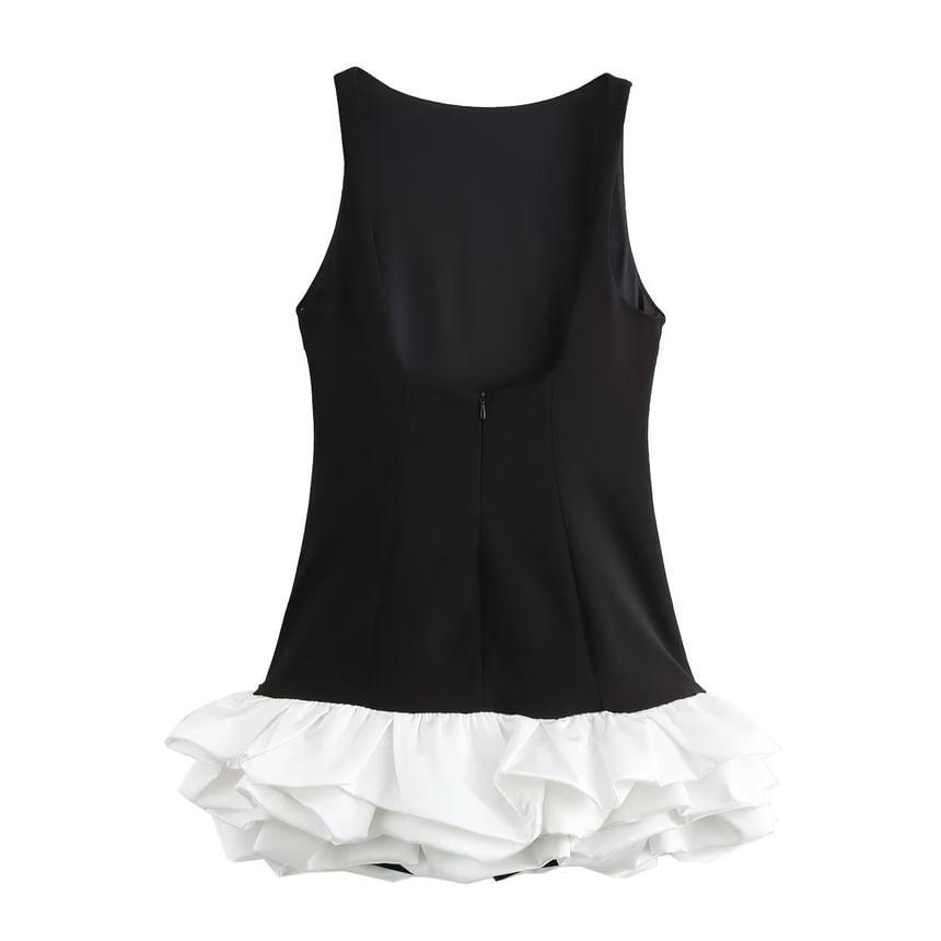 Sleeveless Boatneck Two Tone Ruffle Romper Product Image