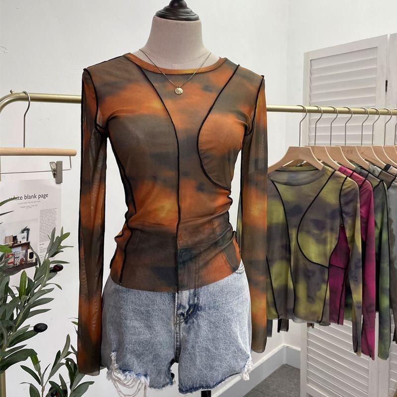 Long-Sleeve Tie Dye Mesh Top Product Image