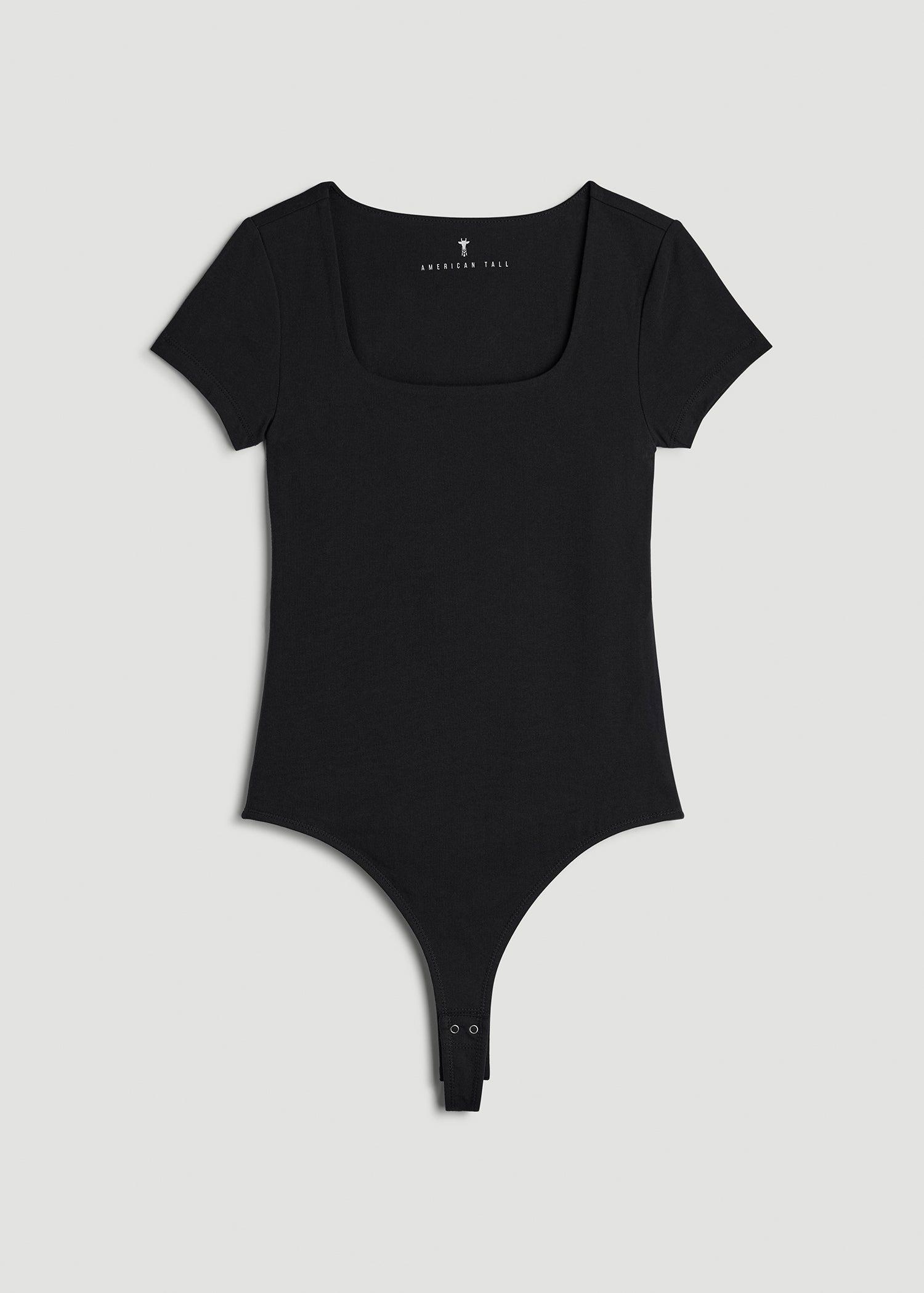 Cotton Blend Short Sleeve Squareneck Bodysuit for Tall Women in Black Product Image