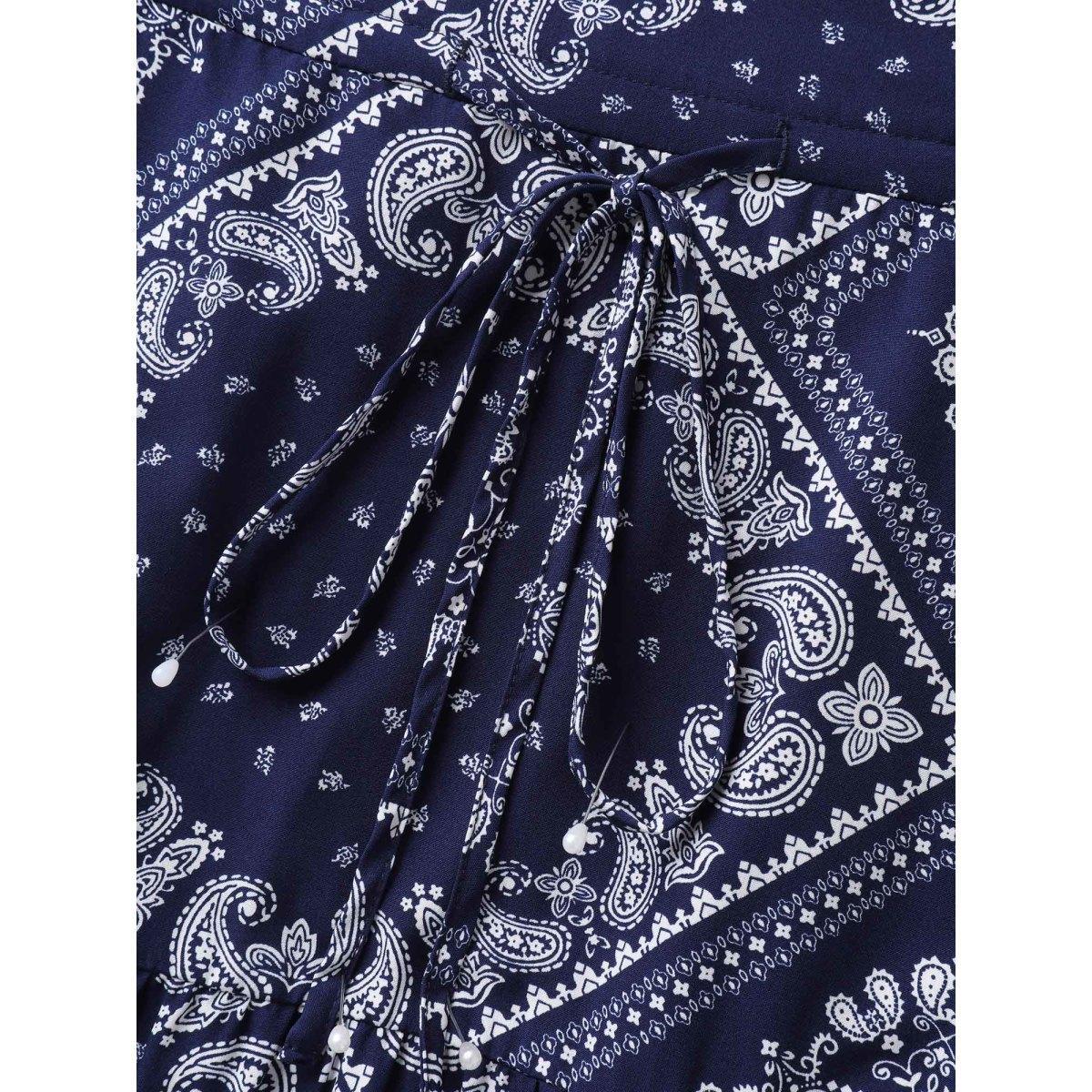 Plus Size Paisley Print Waist Drawstring Midi Dress Navy Women Petal edge V-neck Short sleeve Curvy BloomChic 14-16/1X Product Image