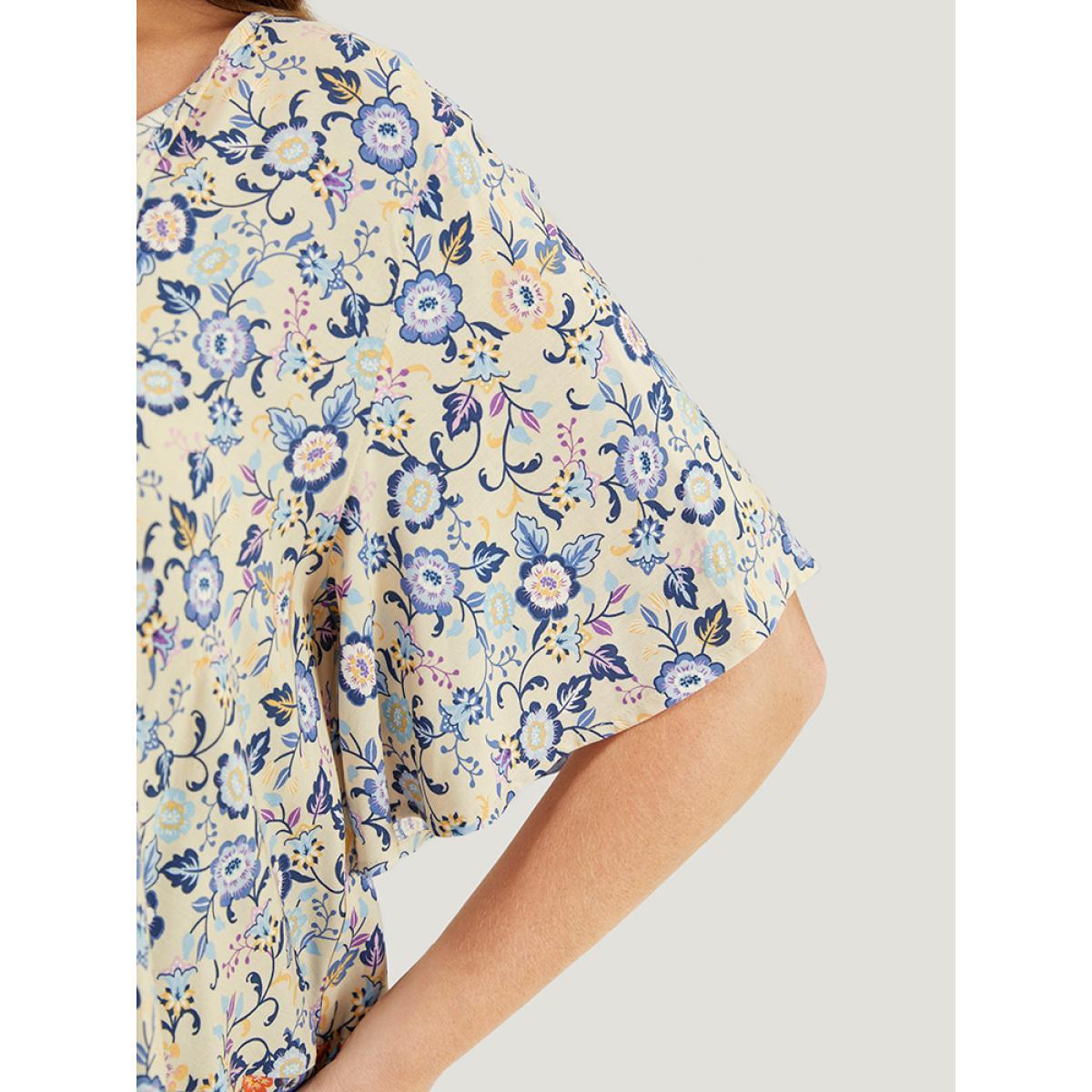 Plus Size Multicolor Bandana Printed Ties Front Ruffle Sleeve Blouse Women Vacation Short sleeve Tie Neck Dailywear Blouses BloomChic 14-16/1X Product Image
