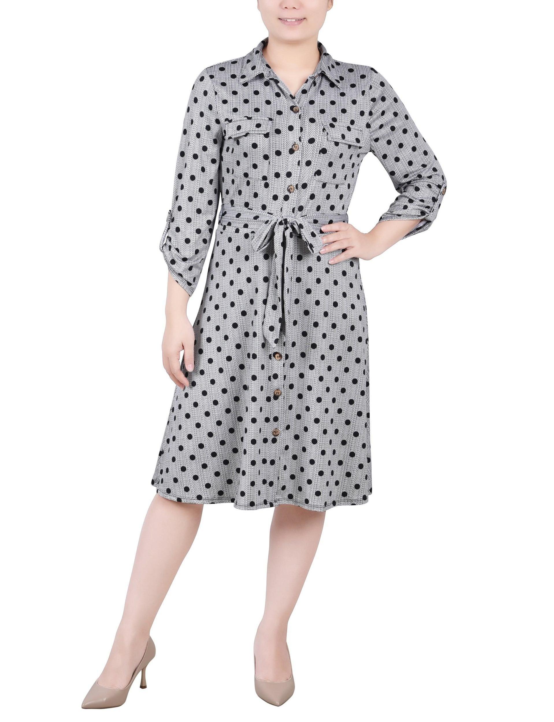 Black White Abstract Dot 3/4 Slv Roll Tab Shirtdress - Petite Product Image