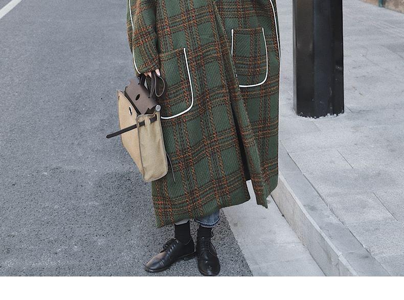 Plaid Contrast Trim Hooded Long Coat Product Image