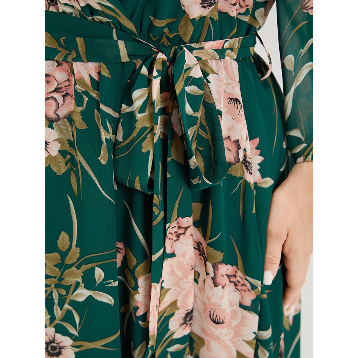 Plus Size Floral Print Surplice Neck Belted Dress DarkGreen Women Elegant Lined V-neck Elbow-length sleeve Curvy Midi Dress BloomChic 10/M Product Image