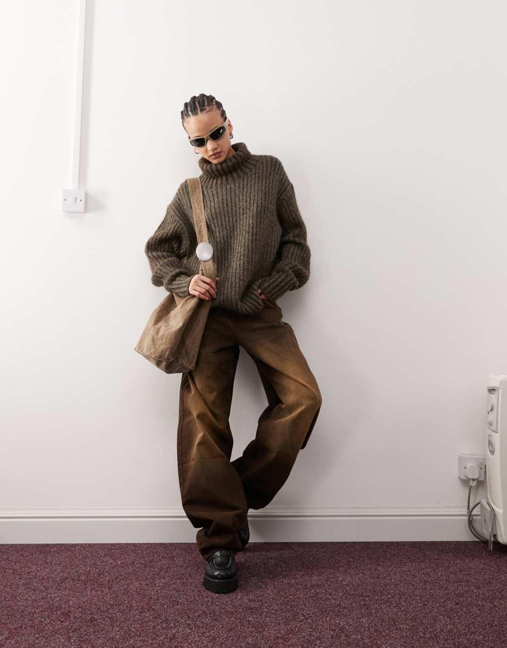 Weekday Elvine chunky knit turtle neck sweater in brown Product Image