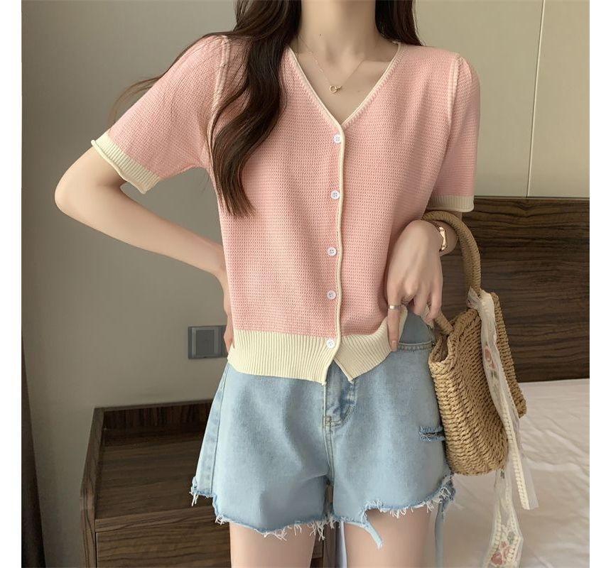 Short-Sleeve V-Neck Two Tone Cardigan Product Image
