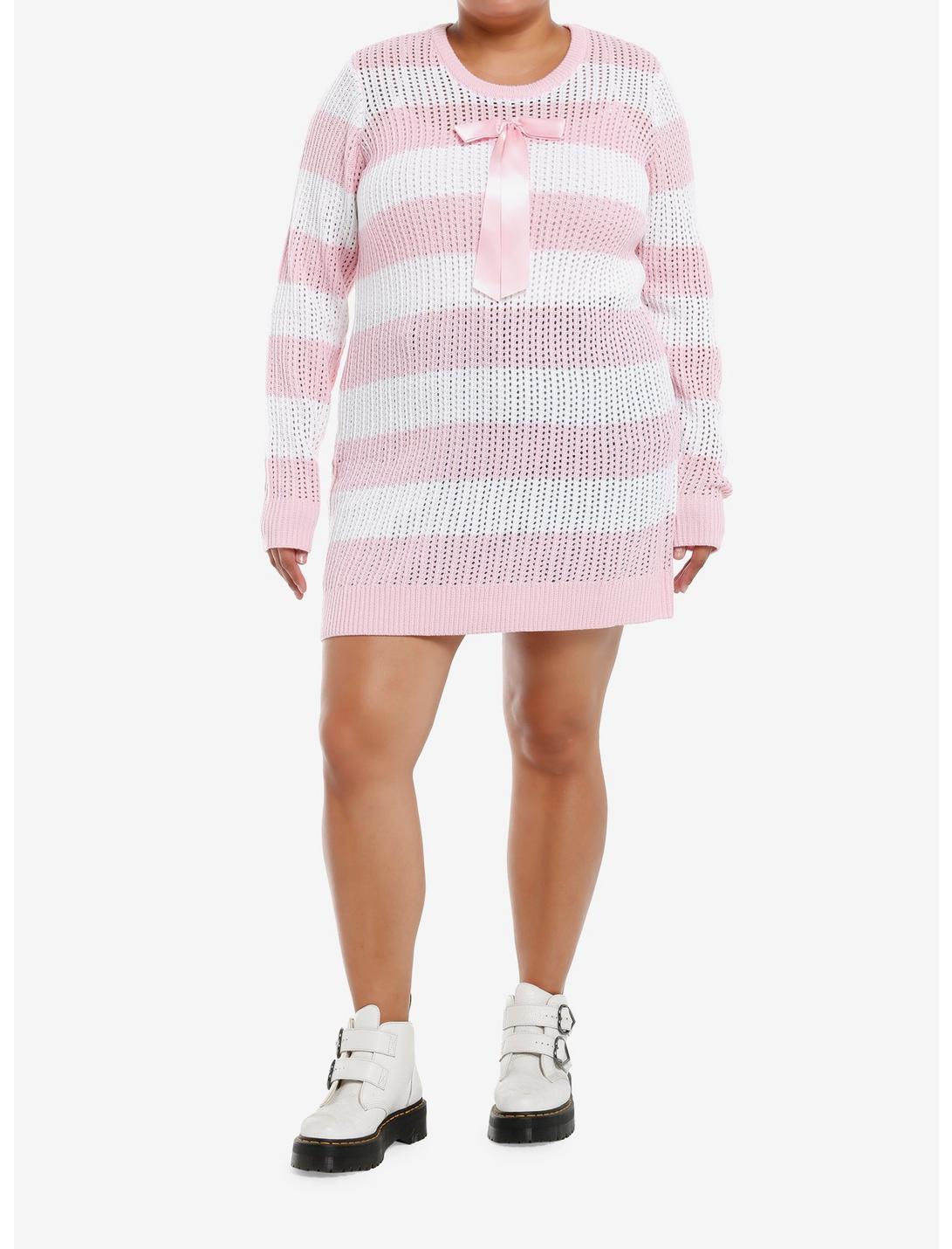 Sweet Society Pink & White Stripe Bow Knit Sweater Dress Plus Size Product Image