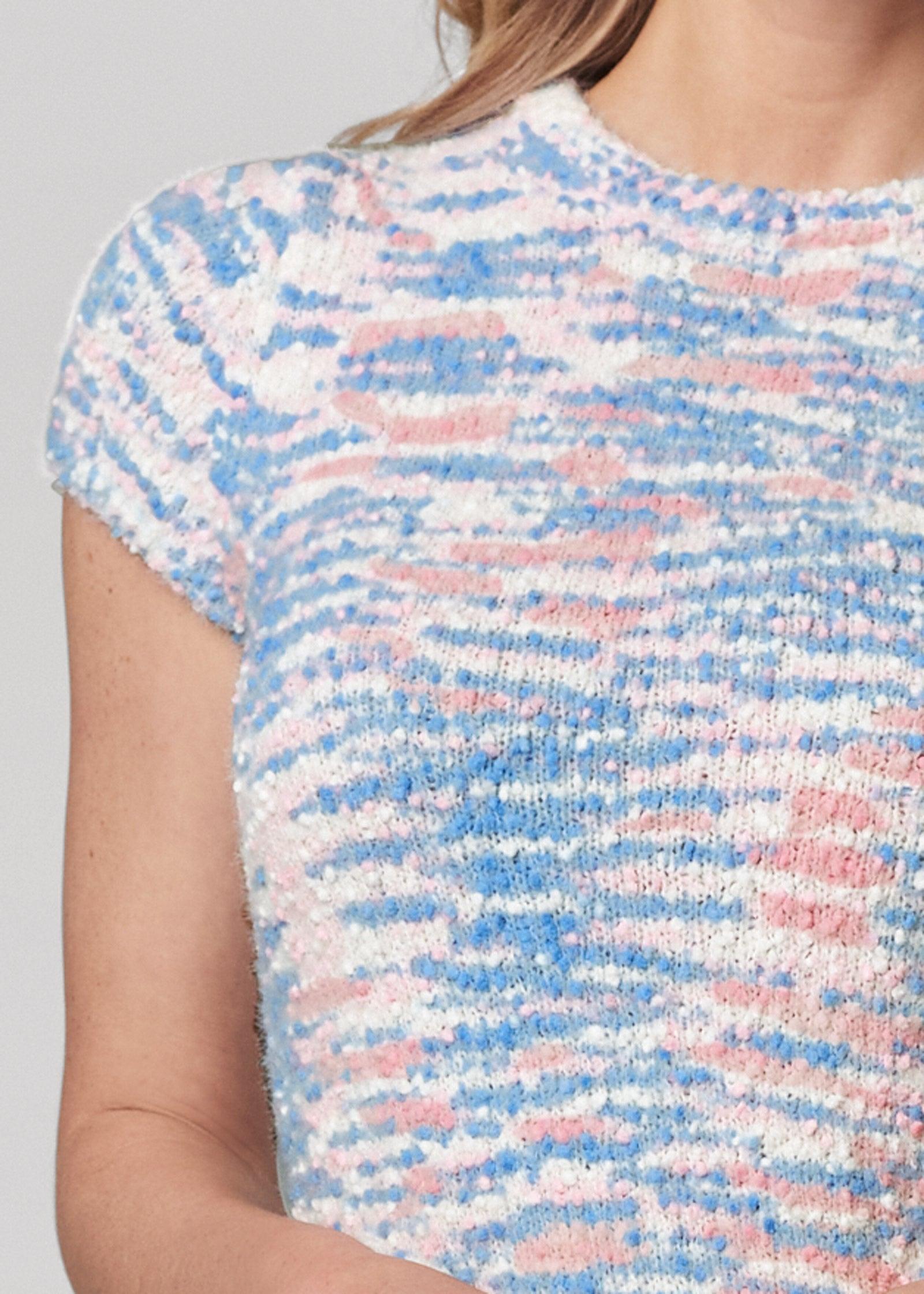 Back Keyhole Short Sleeve Sweater - Blue Multi Product Image
