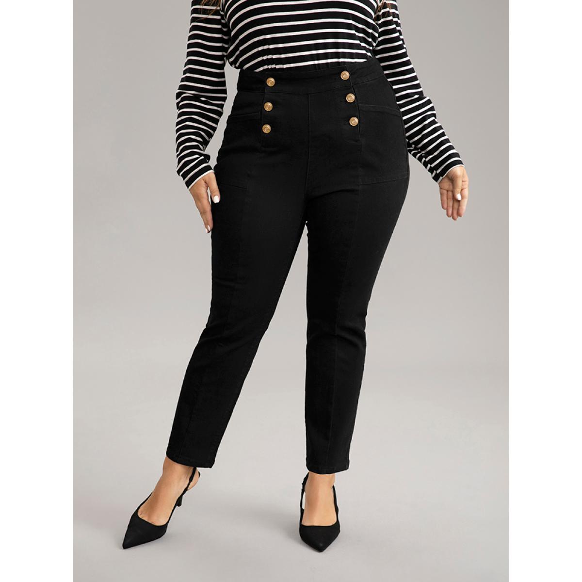 Plus Size High Stretch Skinny Metal Detail Jeans Women Black Casual Plain Plain High stretch Pocket Jeans BloomChic 12/L Product Image