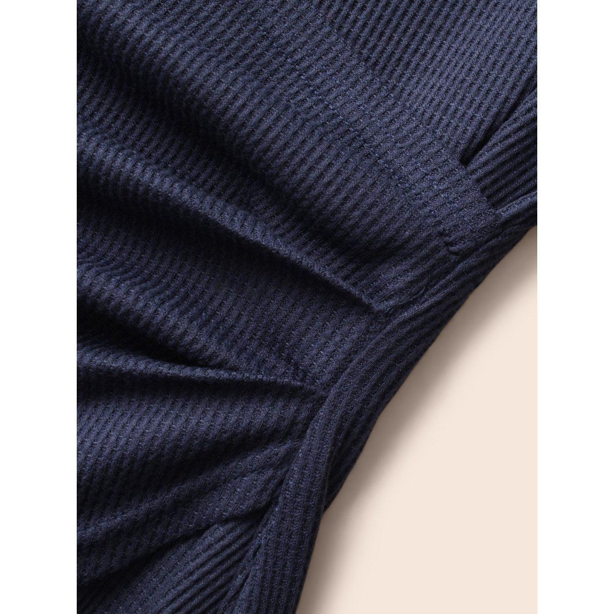 Plus Size Waffle Knit Patchwork Mesh Overlapping T-shirt Indigo Women Elegant Overlapping V-neck Bodycon Everyday T-shirts BloomChic 28/5X Product Image
