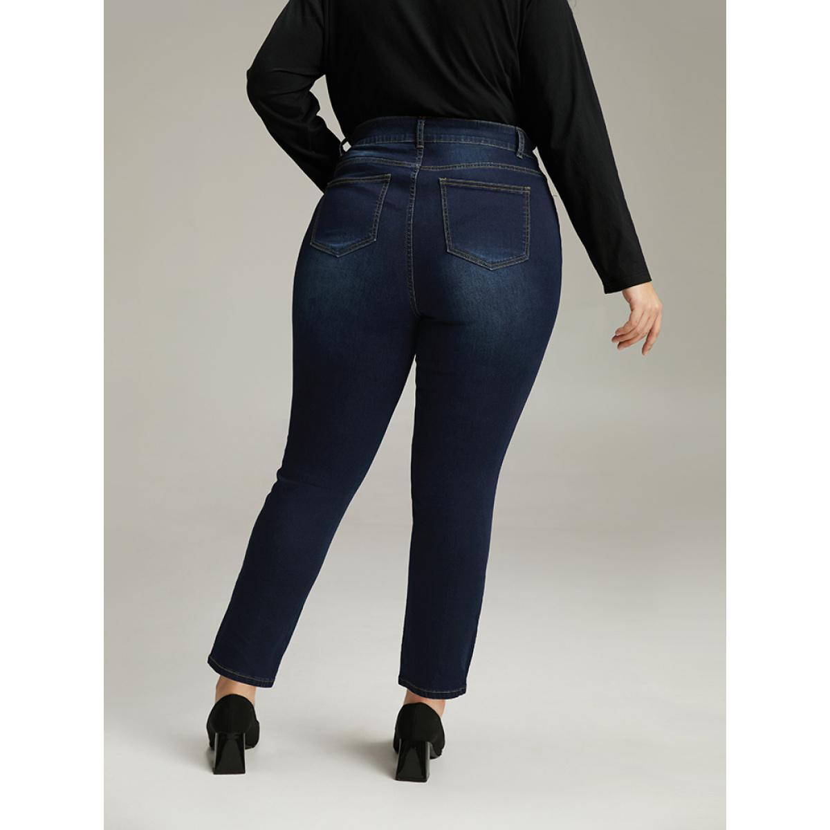 Plus Size Plain Straight Leg Pocket High Rise Jeans Women DarkBlue Casual Plain Plain High stretch Pocket Jeans BloomChic 16/1X Product Image