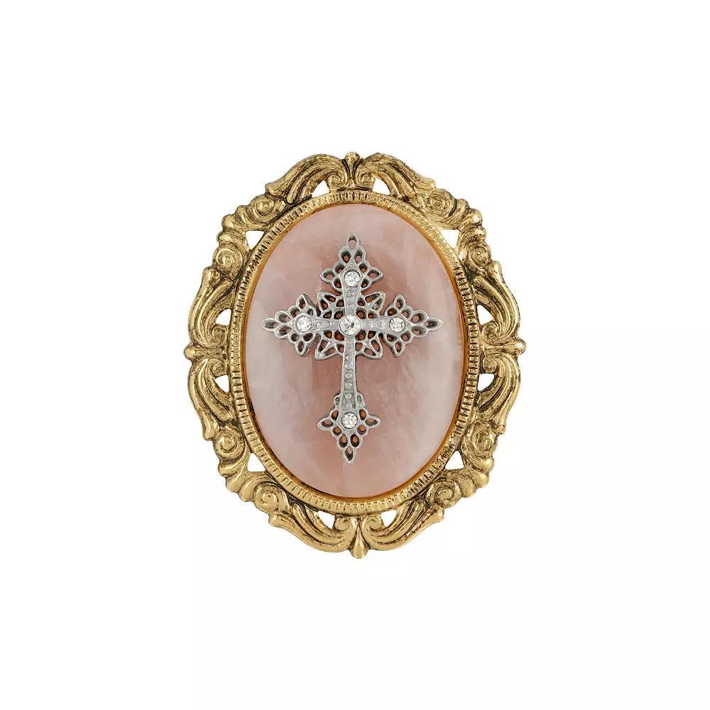 Symbols Of Faith Gold Tone Crystal Cameo Cross Brooch, Womens, Pink Product Image
