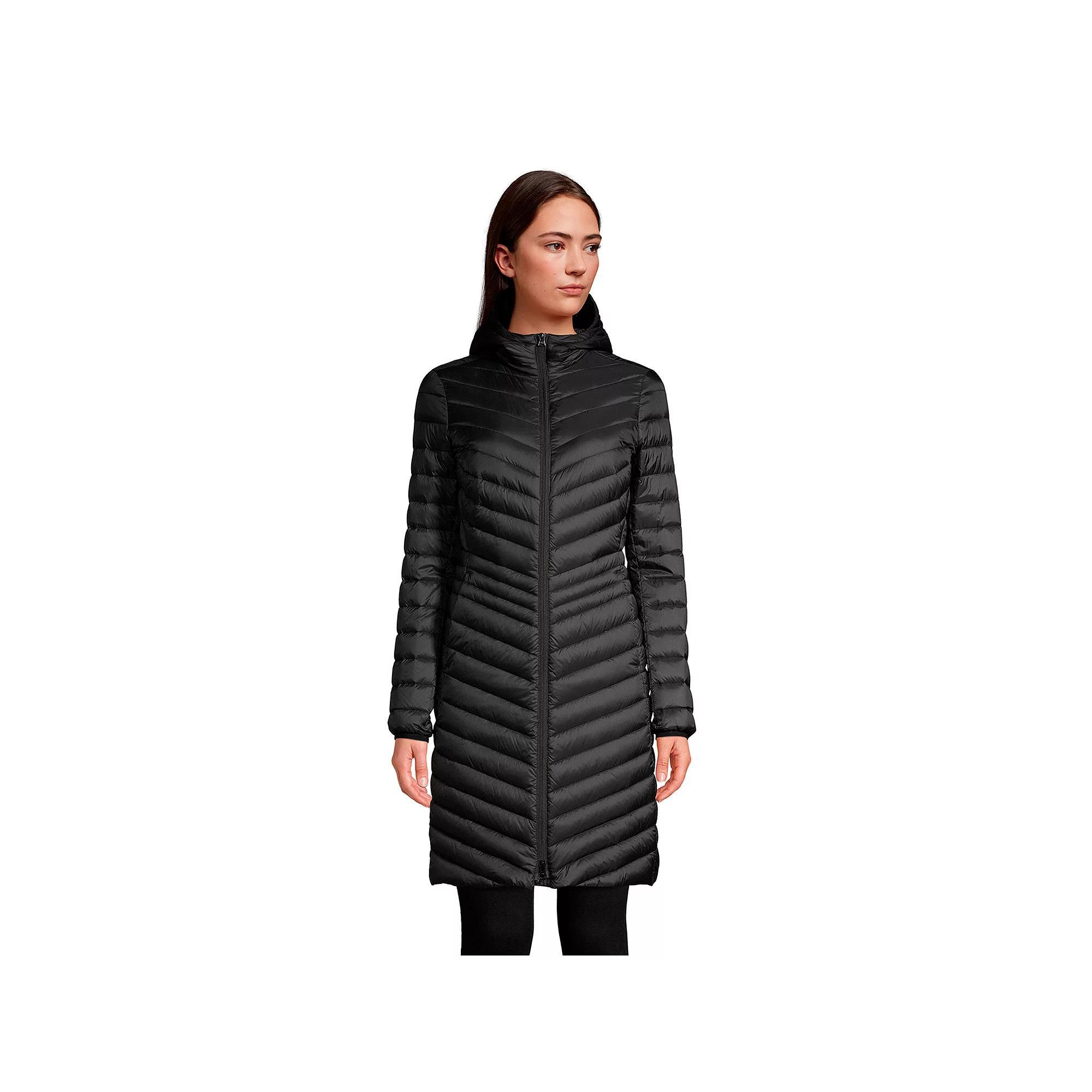 Women's Lands' End Hooded Wanderweight Ultralight Packable Long Down Coat, Size: Medium Tall, Black Product Image