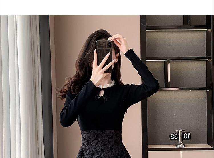 Long-Sleeve Crewneck Jacquard Knit A-Line Dress Product Image