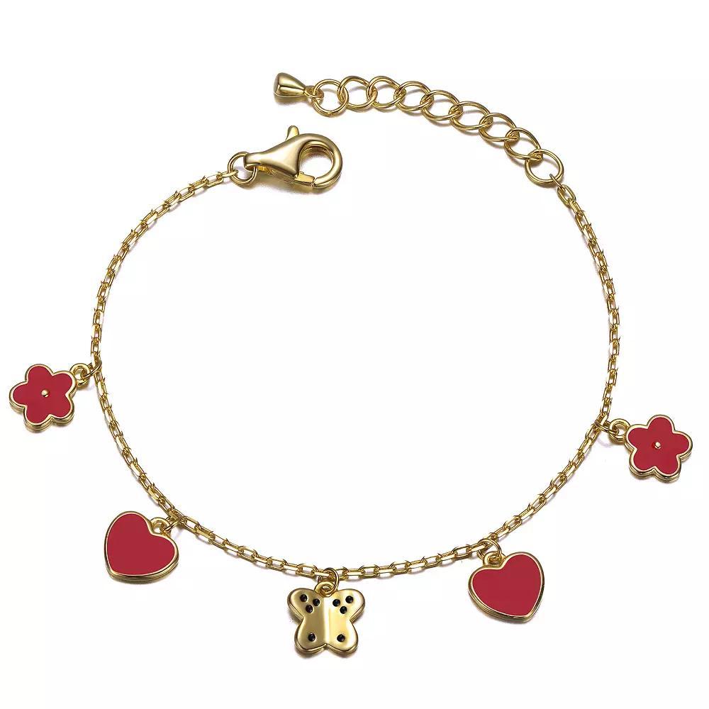 Kids 14k Gold Plated Red Enameled Dangle Charm Bracelet, Womens Gold Tone Product Image