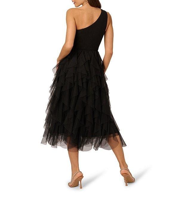 Adrianna by Adrianna Papell Crepe Knit One Shoulder Sleeveless Ruffle Mesh A-Line Gown Product Image