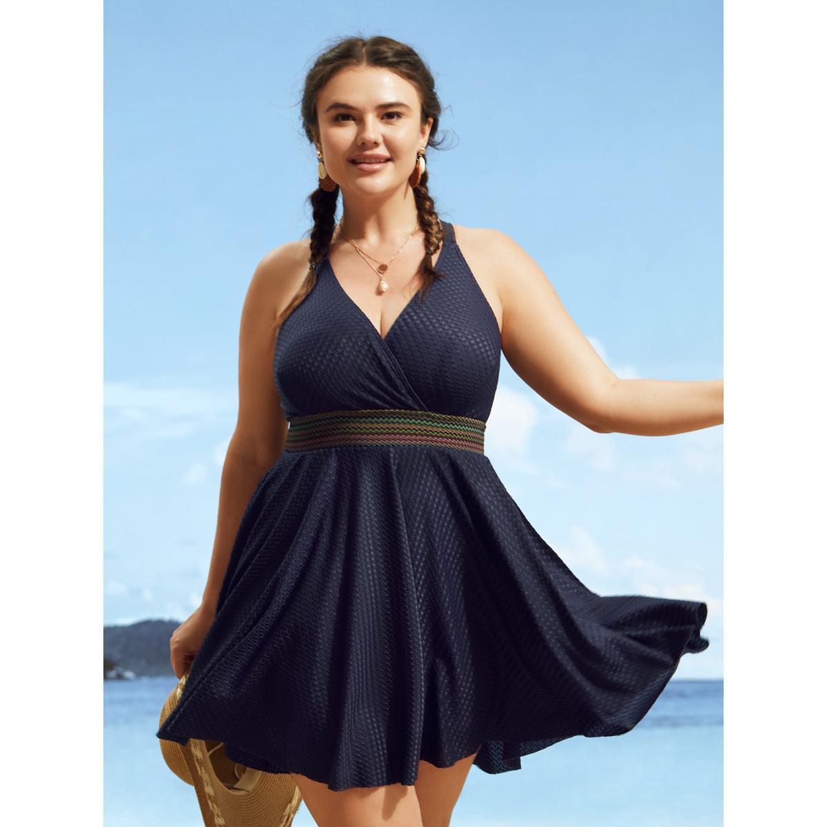 Plus Size Overlap Collar Textured Gathered Pocket Swim Dress Women's Swimwear Midnight Beach Bodycon Overlap Collar High stretch Curve Swim Dresses BloomChic 26/4X Product Image