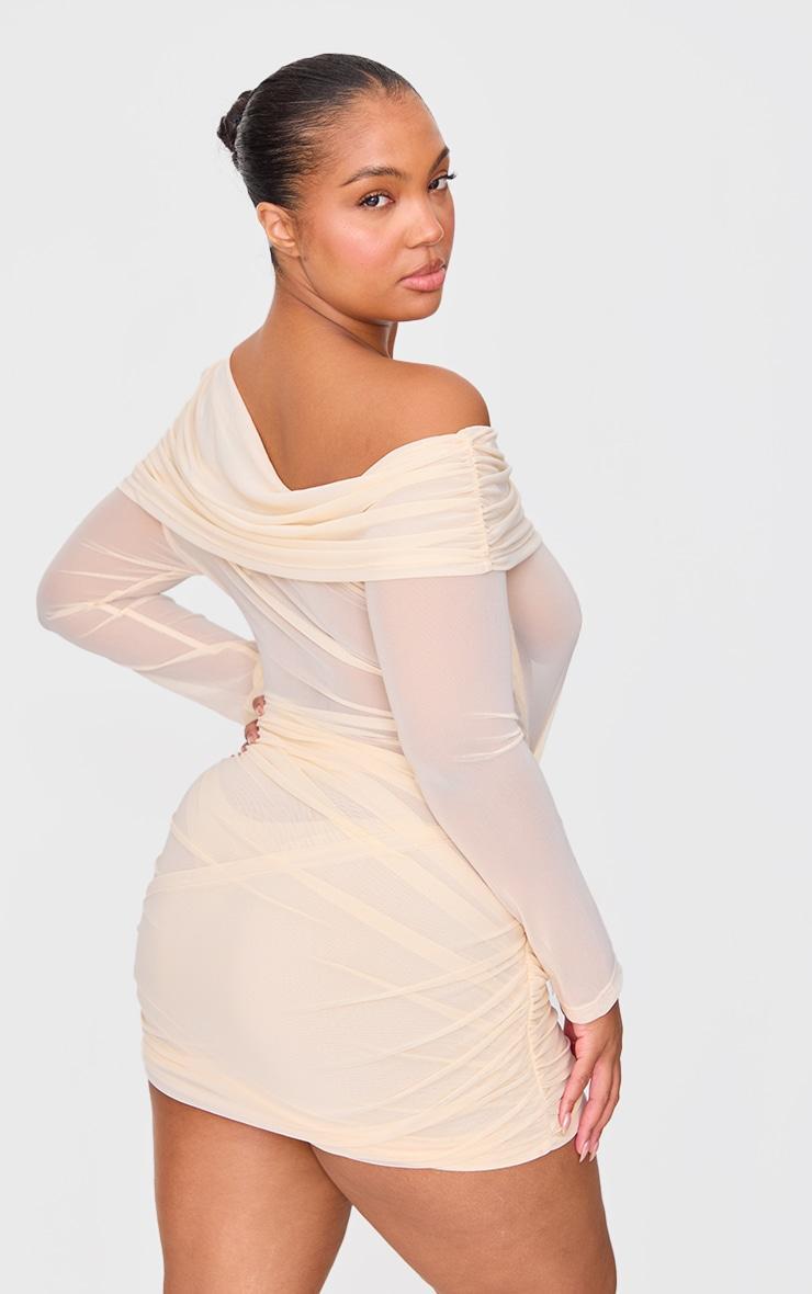 Cream Mesh Long Sleeve One Shoulder Bodycon Dress Product Image