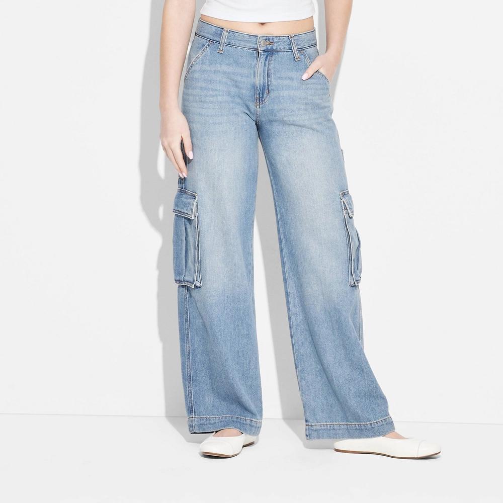 Women's Mid-Rise Wide Leg Cargo Baggy Jeans - Wild Fable™ Medium Wash 2: Relaxed Fit 32" Inseam Product Image