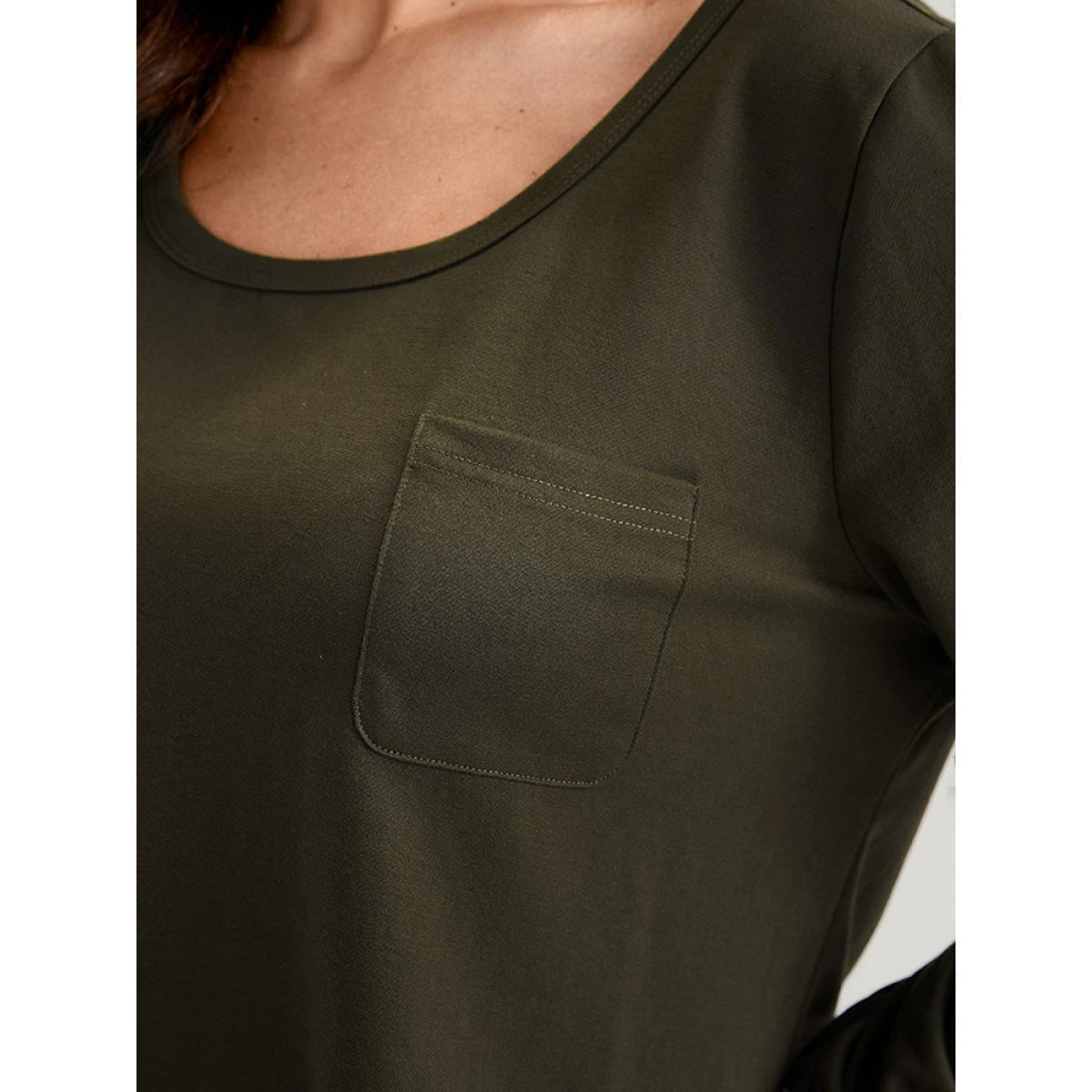 Plus Size Solid Round Neck Pocket Lace Hem Sweatshirt Women ArmyGreen Elegant Patchwork Round Neck Dailywear Sweatshirts BloomChic 10/M Product Image