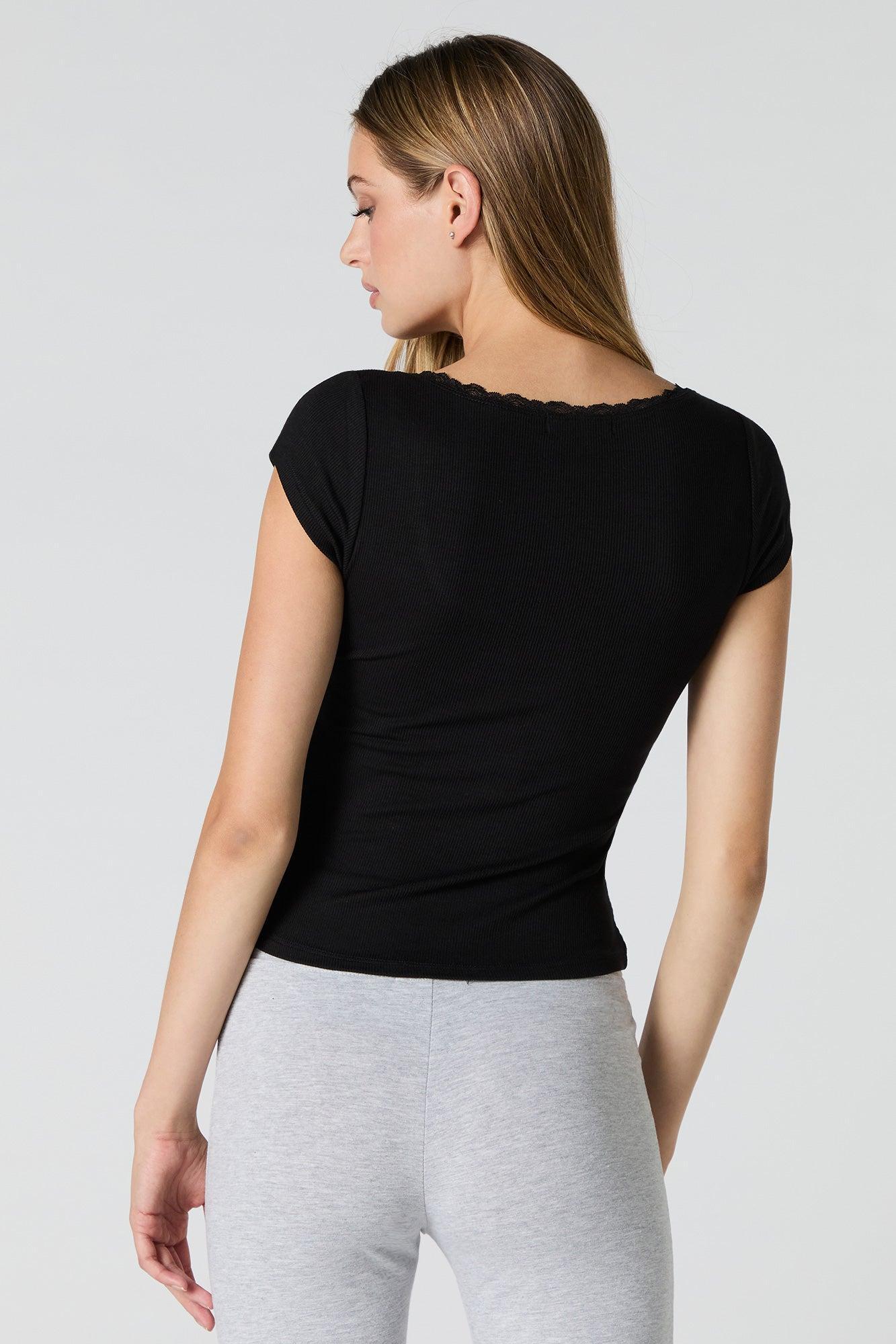 Ribbed Lace Trim Scoop Neck T-Shirt Female Product Image