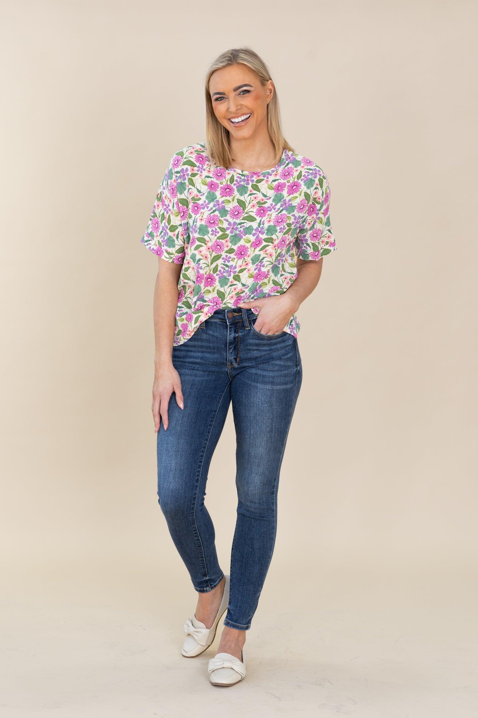Ivory Floral Tunic Relaxed Knit Top Product Image