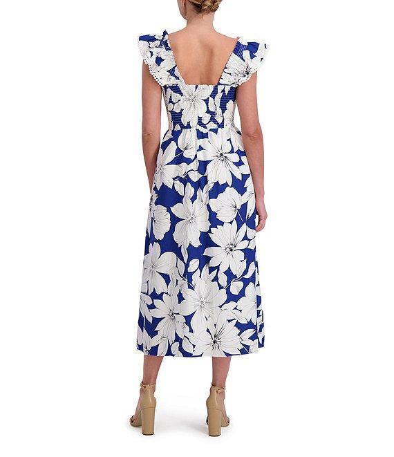 Anne Klein Square Neck Ruffle Shoulder Smocked Floral Printed Poplin Midi Dress Product Image