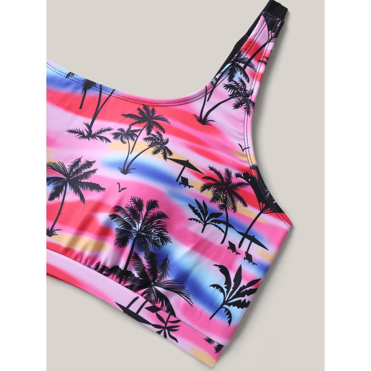Plus Size Two-Piece Tropical Print Contrast Swim Top Women's Swimwear Black Beach Contrast High stretch Bodycon U-neck Curve Swim Tops BloomChic 28/5X Product Image