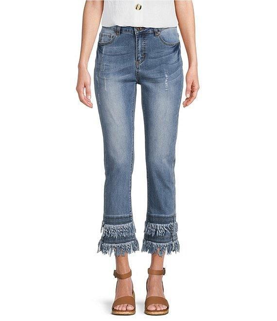 John Mark Petite Size Straight Leg 5-Pocket Fringe Hem Jeans Product Image