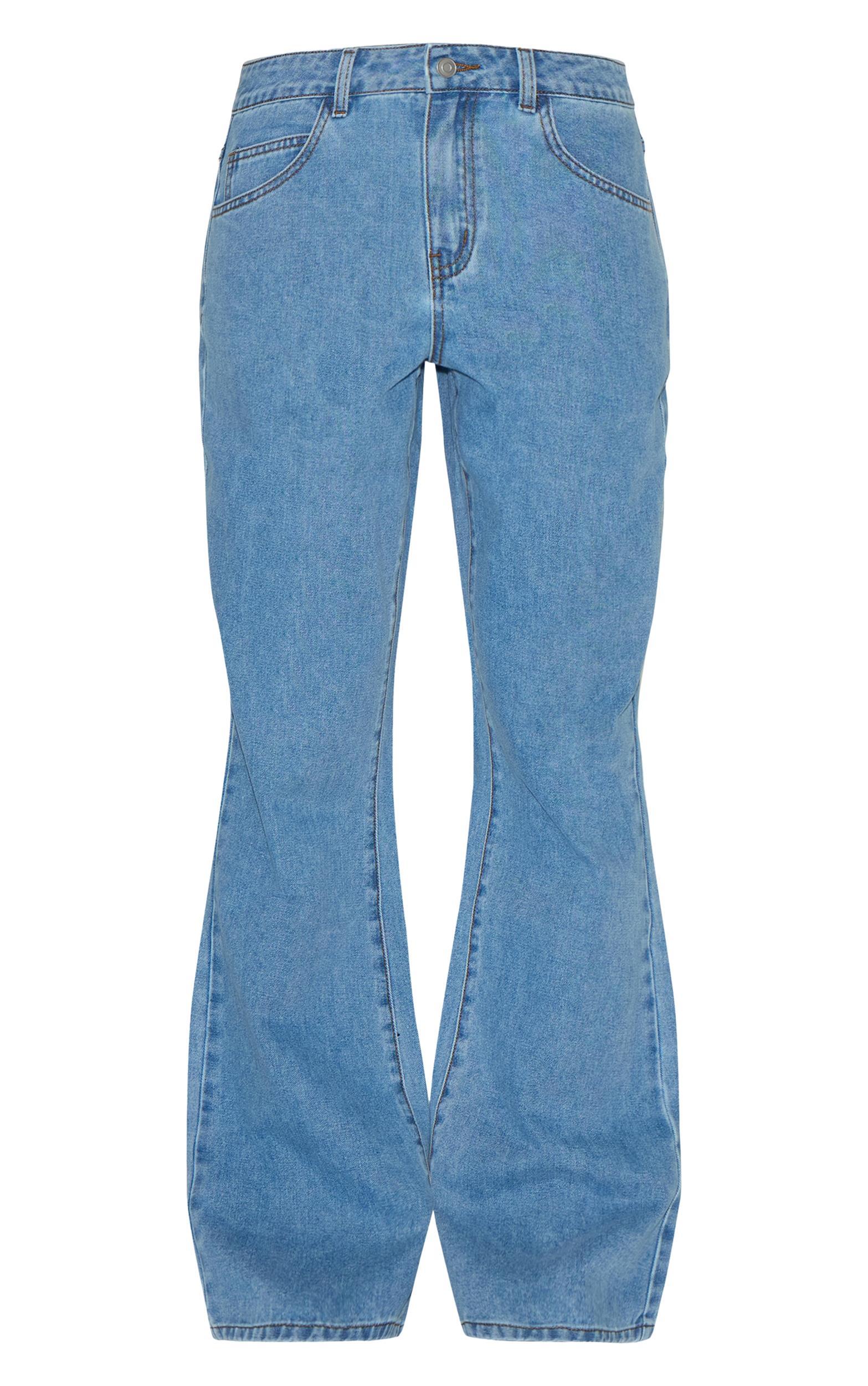 Light Blue Mid Waist Contrast Stitch Flared Jeans Product Image